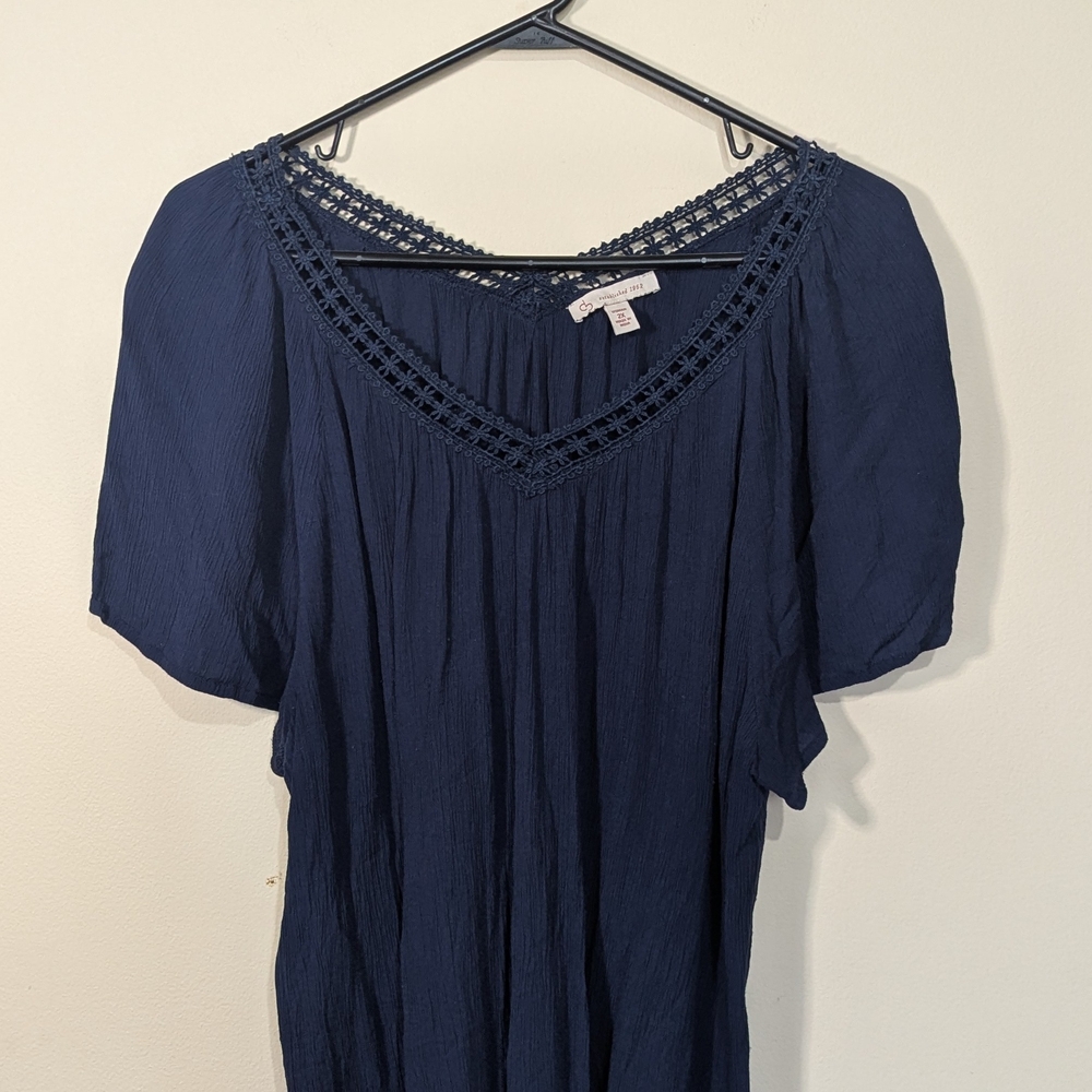 DressBarn Women’s 2X Navy Boho Blouse Crochet Neck Flowy Short Sleeve Plus Size